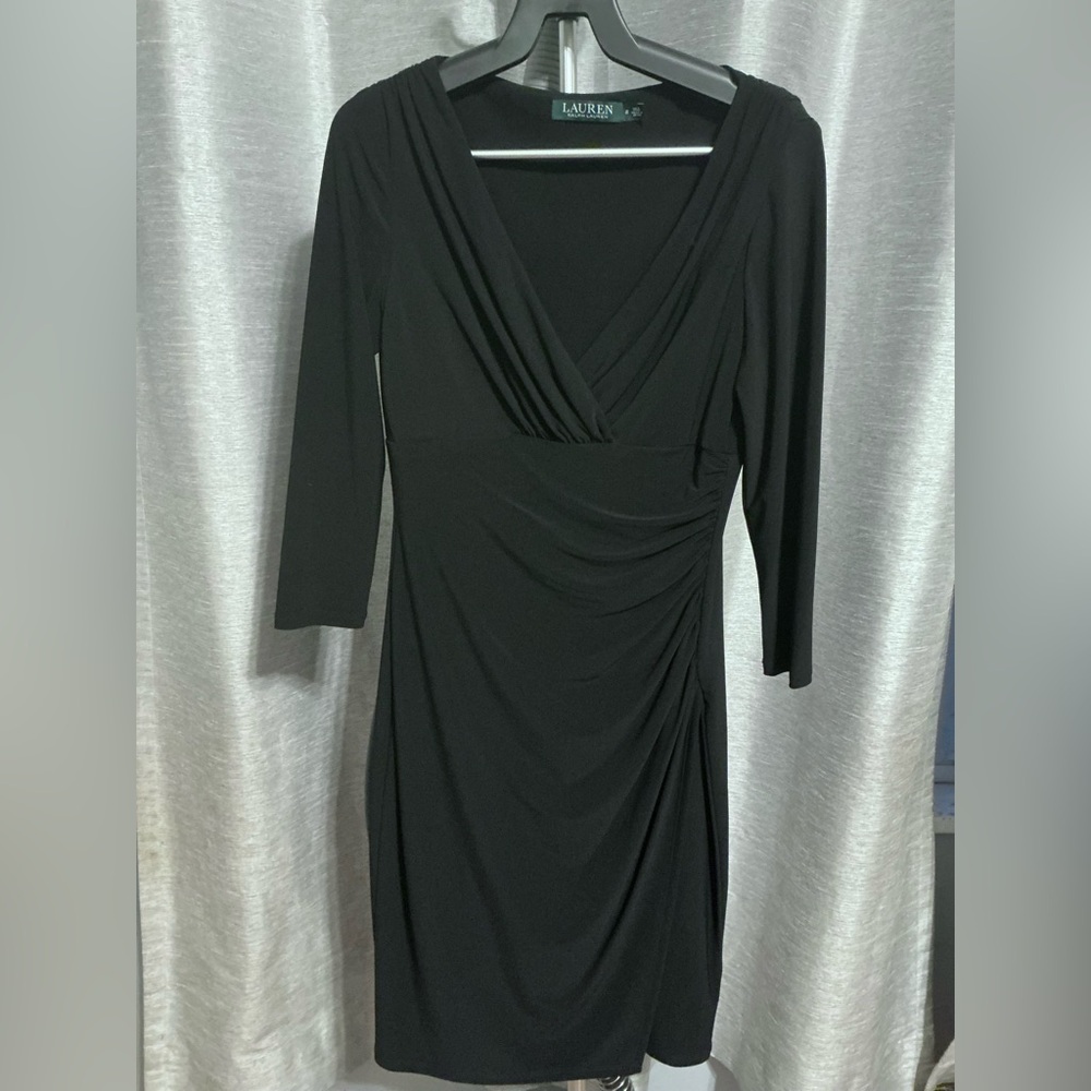 Lauren Ralph Lauren Black Faux-Wrap Ruched Sheath Dress - Size 2